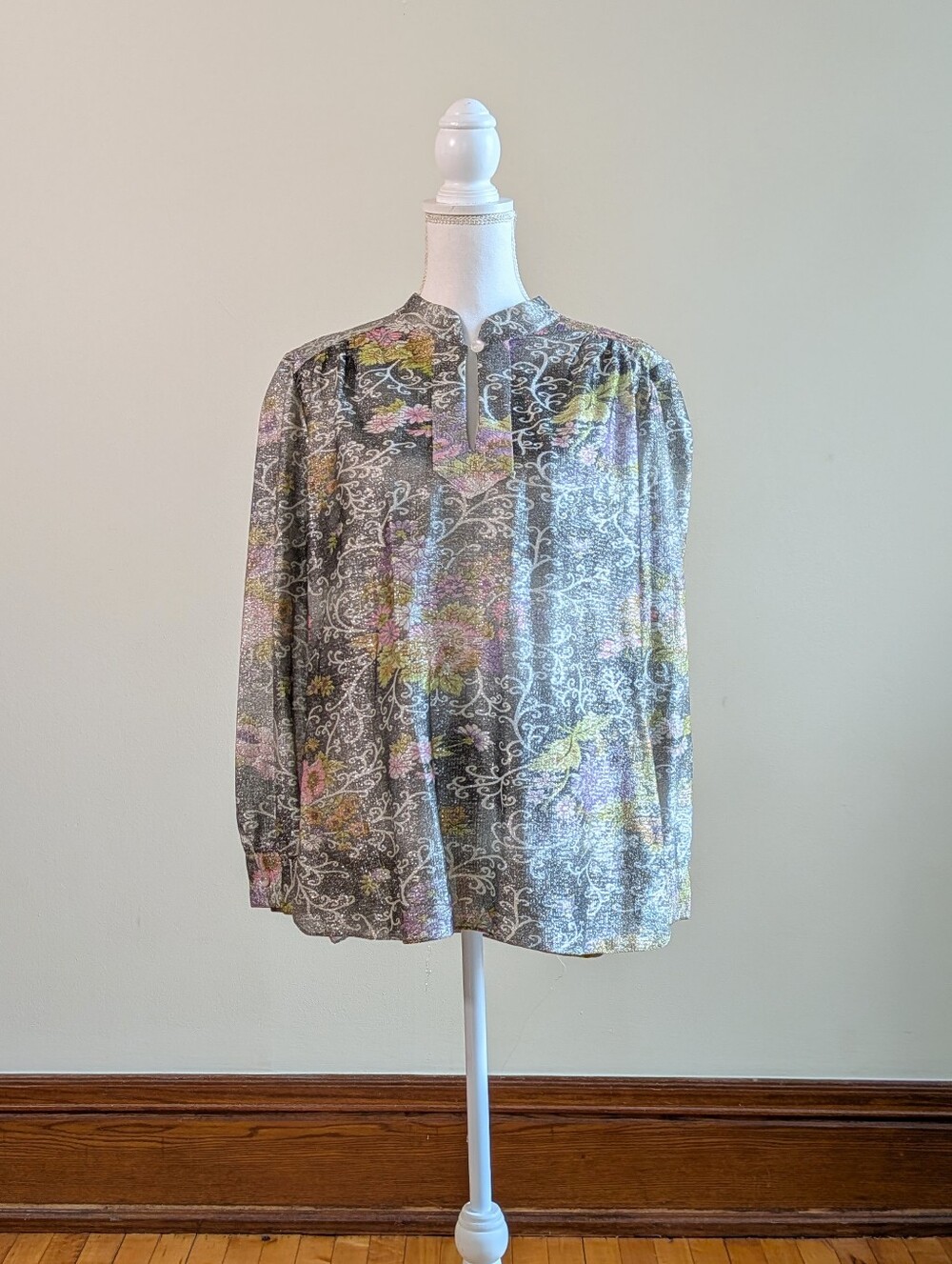 Vintage Sparkly 70s Silver And Floral Blouse